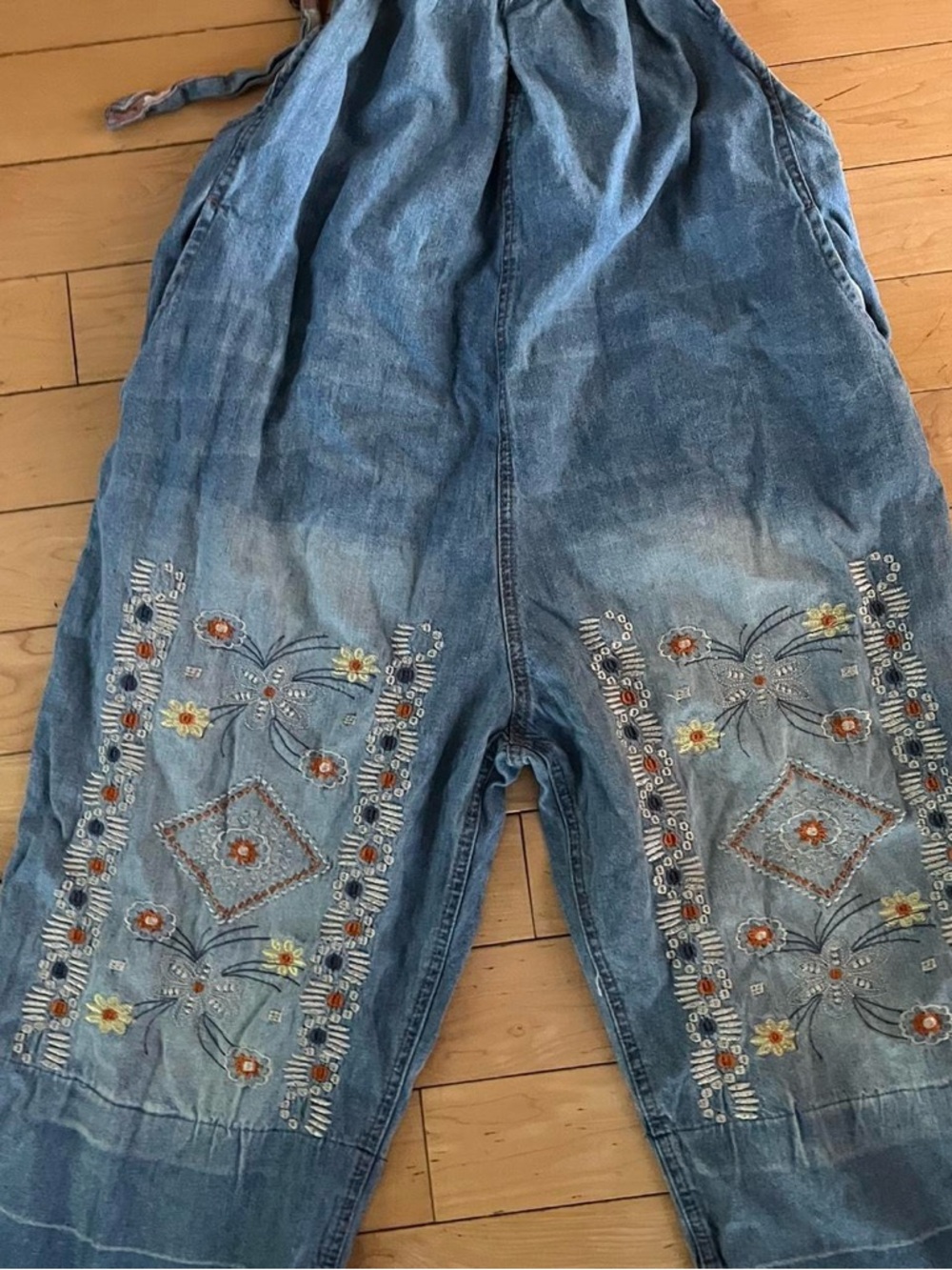 Embroidered Denim Women Jeans Overalls - Blue